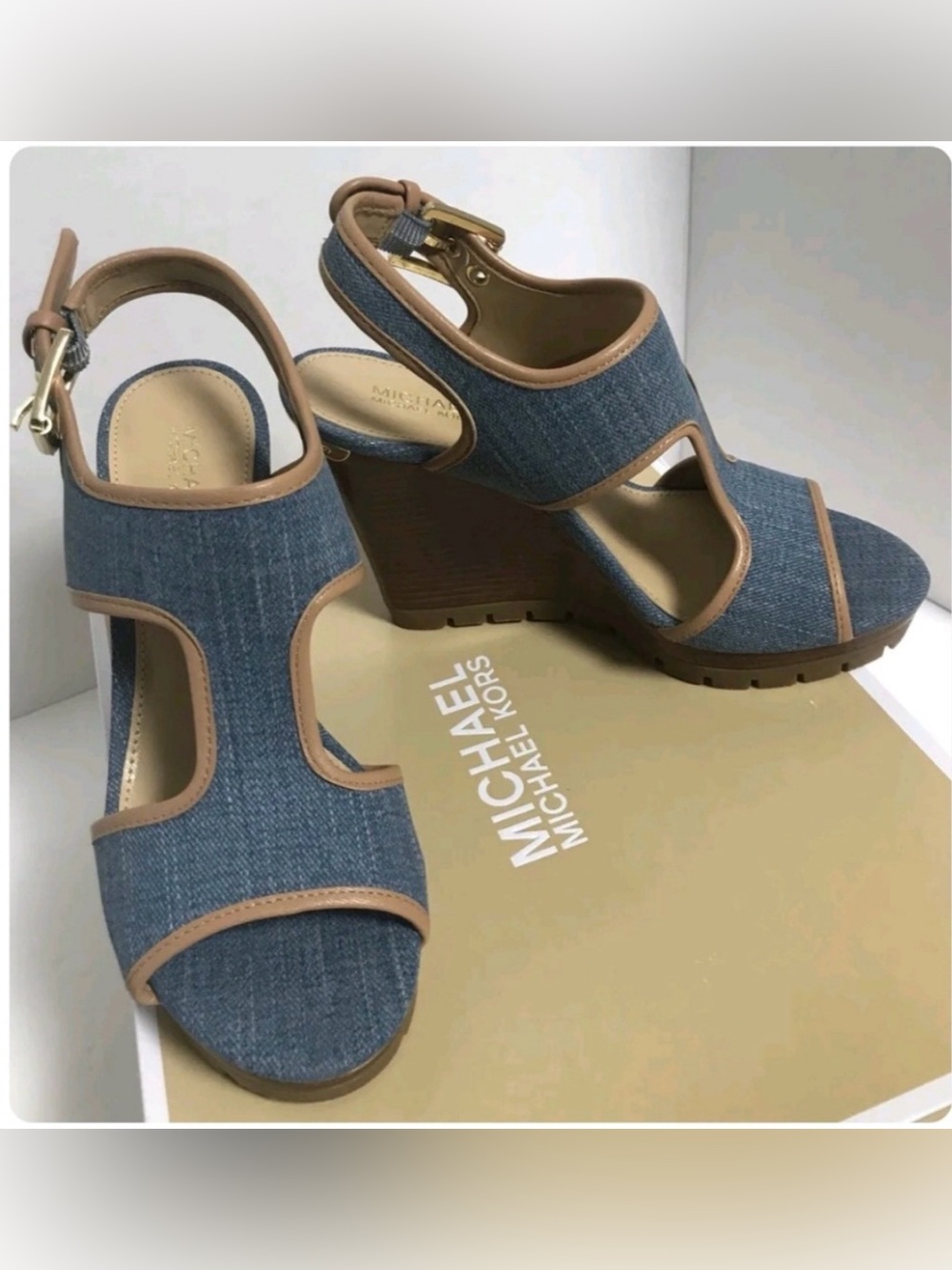 Michael Kors Washed Denim Wedge Sandals W/ Tan Trim -Sz 8.5